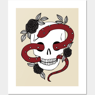 Gothic Halloween Skull and snake - black and white by Cecca Designs Posters and Art